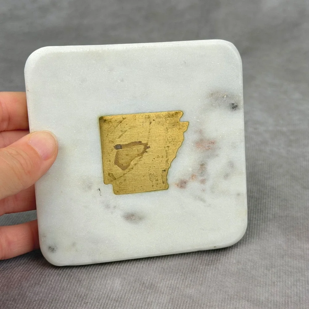 The Royal Standard White Marble Arkansas Brass Inlay Coasters Set of 4